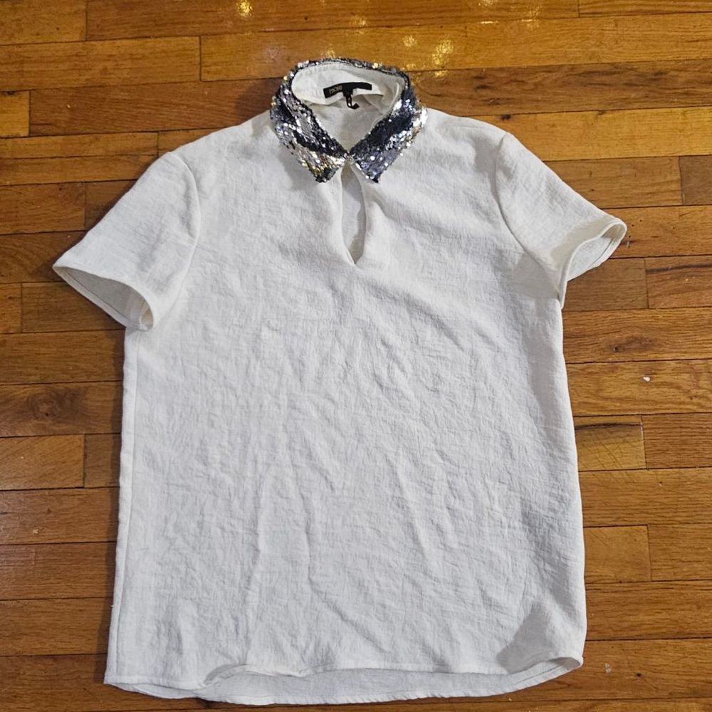 Maje White Short Sleeve V-Neck Tee Sequin Collar Size 2